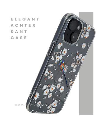 iPhone 15 Hoesje &ndash; Transparant Met Margrietjes en Papegaai | Fris, Kleurrijk & Beschermend