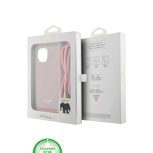 Hoesje voor iPhone 15 - Roze Crossbody Design met Luxe Logo en Koord – foto 4
