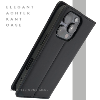 iPhone 16 Pro Bookcase Hoesje Zwart &ndash; Dubbele Naad, Luxe Look & Volledige Bescherming
