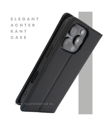 iPhone 16 Pro Bookcase Hoesje Zwart &ndash; Dubbele Naad, Luxe Look & Volledige Bescherming