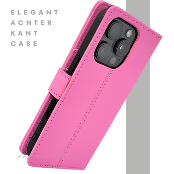 iPhone 16 Pro Bookcase Hoesje Roze &ndash; Stijlvolle Leren Look met Volledige Bescherming