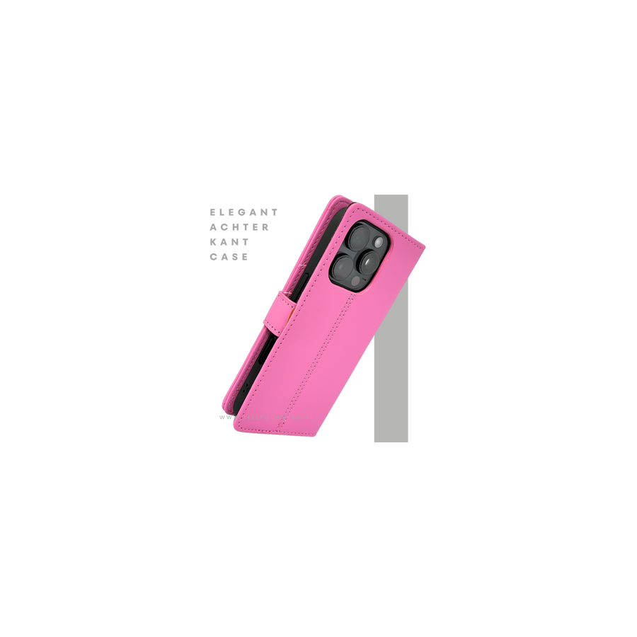 iPhone 16 Pro Bookcase Hoesje Roze &ndash; Stijlvolle Leren Look met Volledige Bescherming