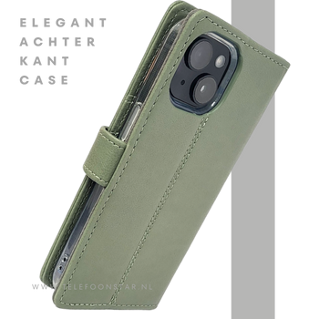 iPhone 15 2-in-1 Hoesje Groen Leer &ndash; Bookcase met Pasjeshouder