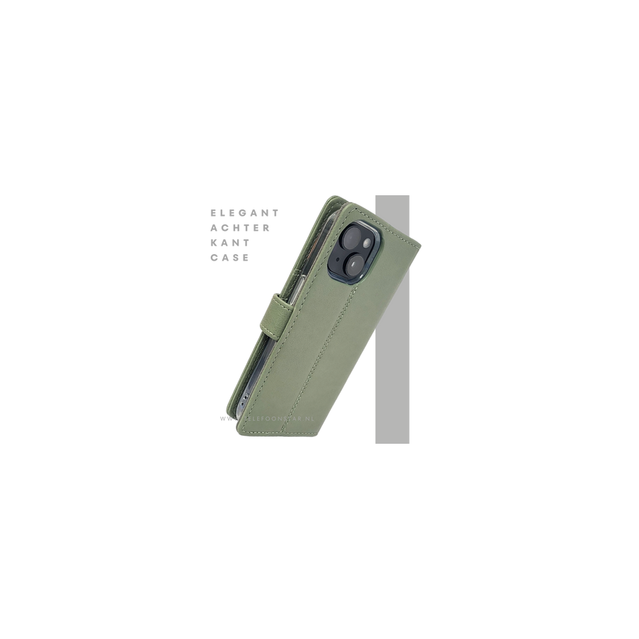 iPhone 15 2-in-1 Hoesje Groen Leer &ndash; Bookcase met Pasjeshouder