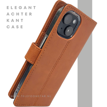 iPhone 15 Leren Hoesje Cognac &ndash; Bookcase met Pasjeshouder