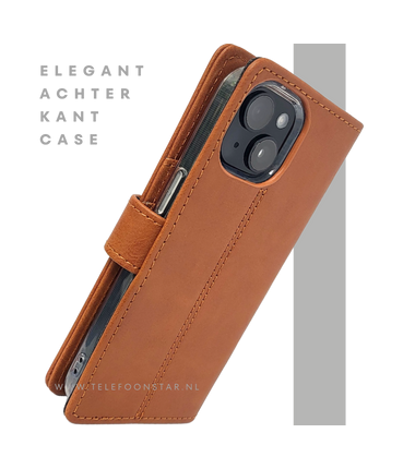 iPhone 15 Leren Hoesje Cognac &ndash; Bookcase met Pasjeshouder