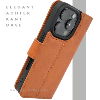 iPhone 16 Pro Max Insteekhoesje Lichtbruin &ndash; Stijlvolle Leren Look met Open Bovenkant