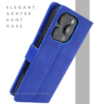 iPhone 16 Pro Bookcase Hoesje Blauw &ndash; Leren Look met Magnetische Sluiting