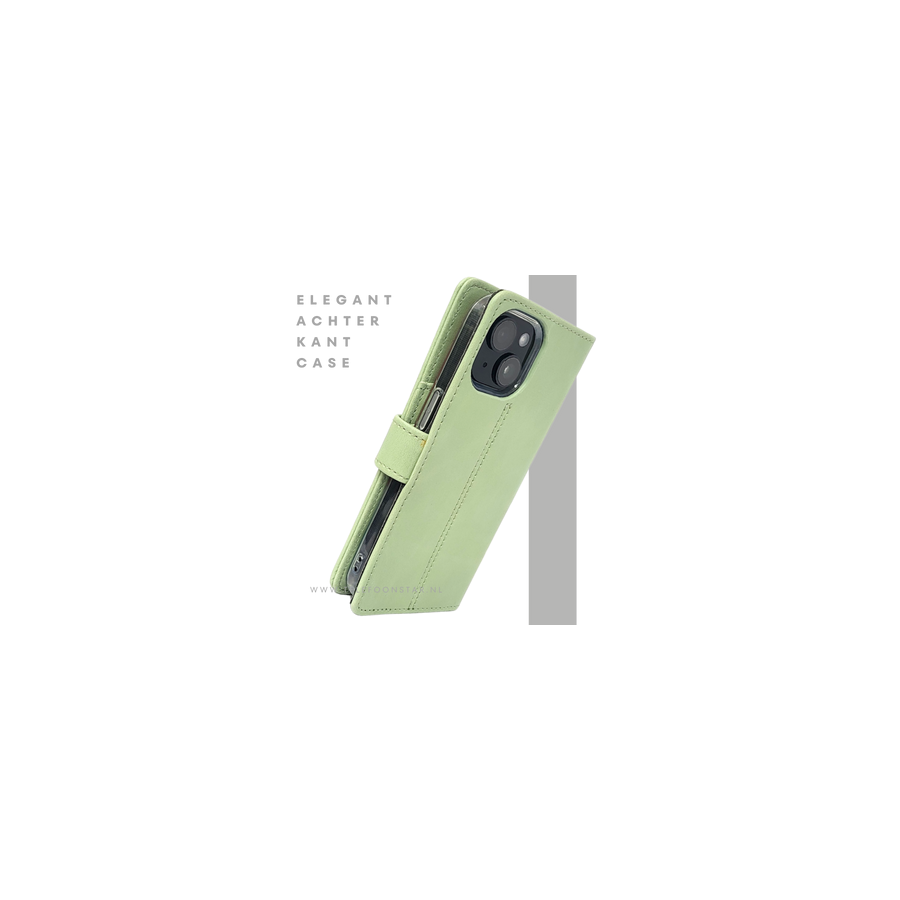 iPhone 15 Plus Hoesje Lichtgroen &ndash; Bookcase met Pasjeshouder