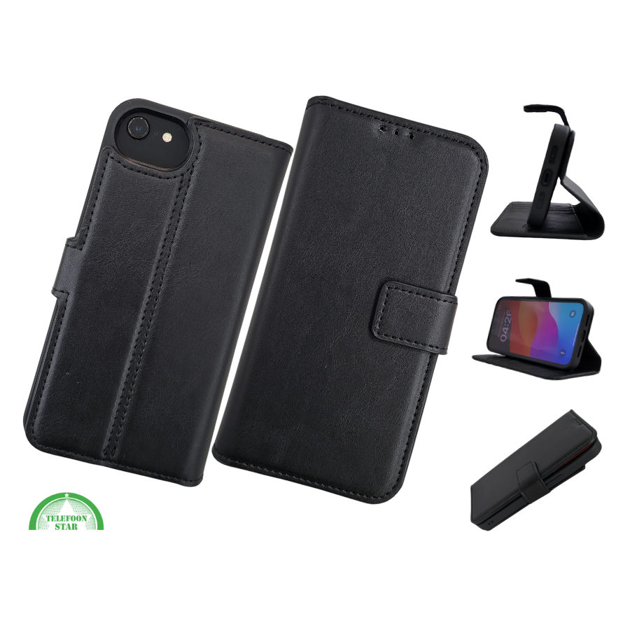 Flip Case Boek Zwart Leren twee en een met 3 Pashouders iPhone 16E