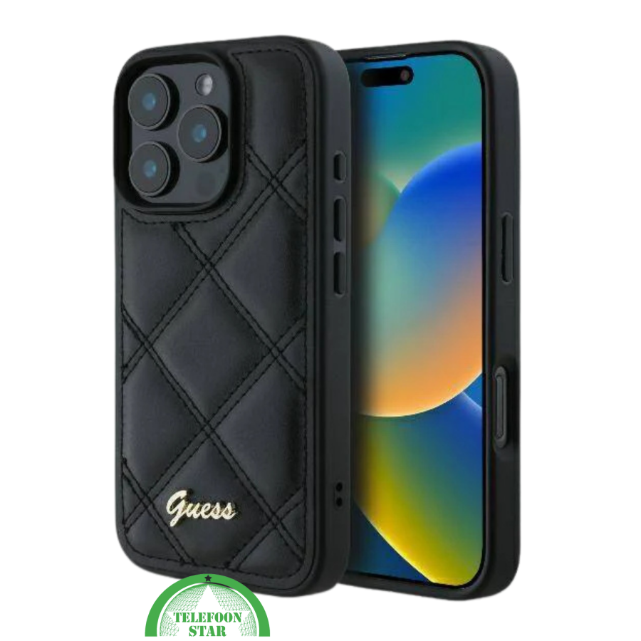 Hoesje voor iPhone 16 Pro Max &ndash; Luxe Zwarte Leren Look met Stijlvol Diamantpatroon
