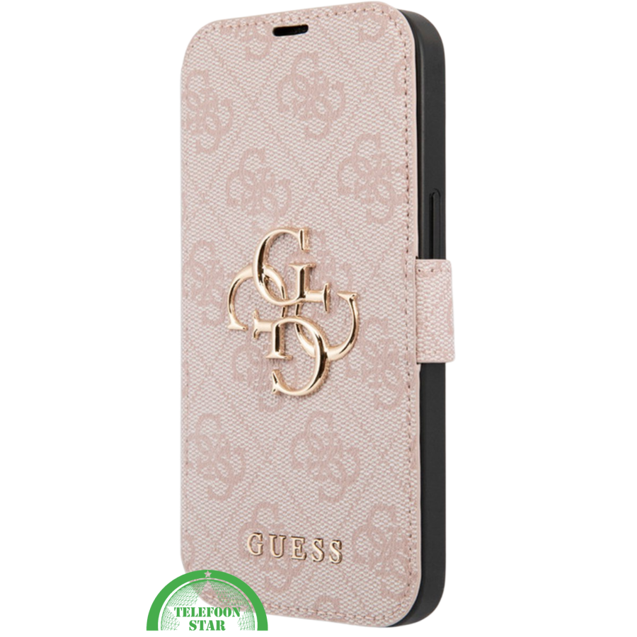 Hoesje voor iPhone 15 Pro Bookcase &ndash; Lichtroze Bescherming met Gouden Detail en Pasjesvak