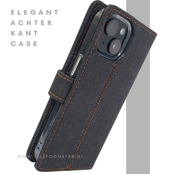 Bookcase Hoesje iPhone 15 Grijs &ndash; Met Pasjeshouder en Oranje Stiksel