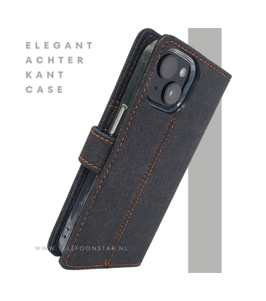Bookcase Hoesje iPhone 15 Grijs &ndash; Met Pasjeshouder en Oranje Stiksel
