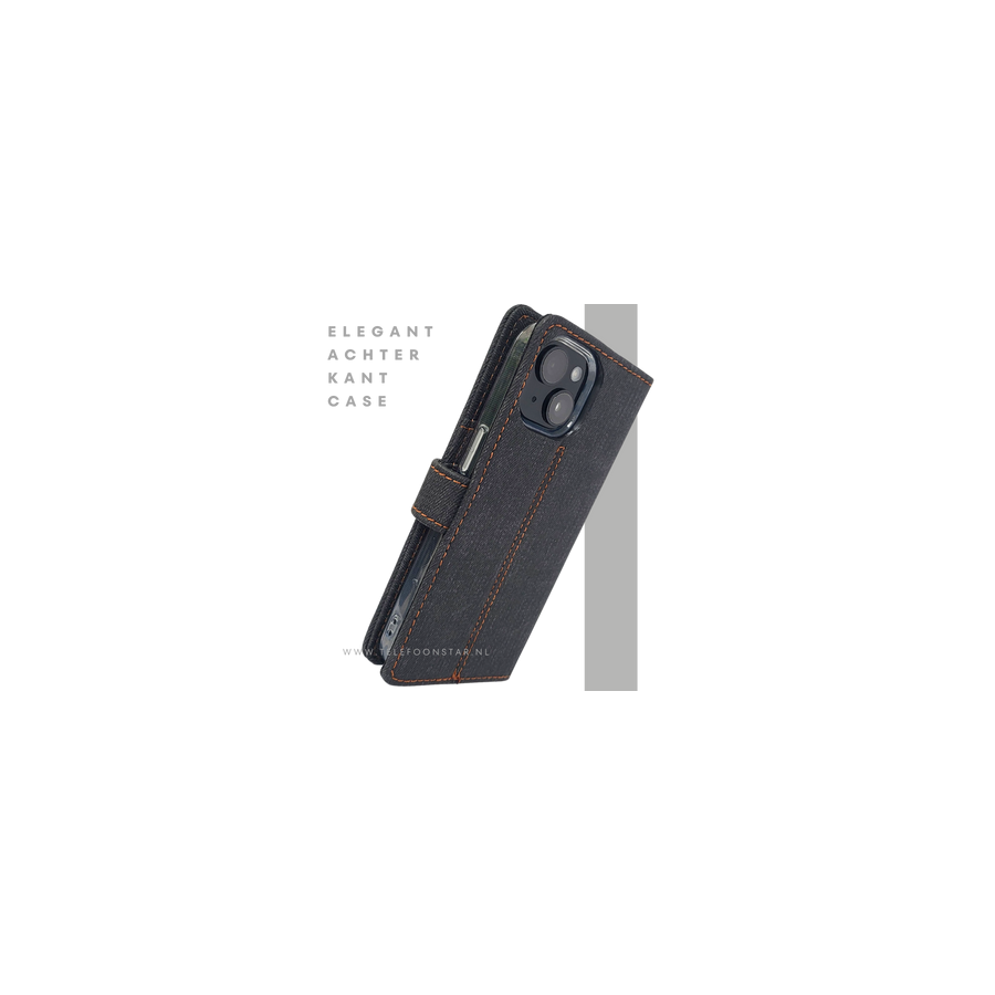 Bookcase Hoesje iPhone 15 Grijs &ndash; Met Pasjeshouder en Oranje Stiksel