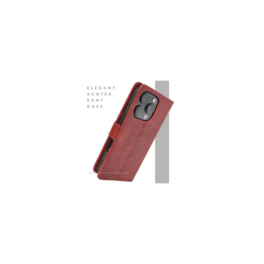 iPhone 16 Pro Max Bookcase Hoesje Rood &ndash; Vintage Leren Look met Magnetische Sluiting