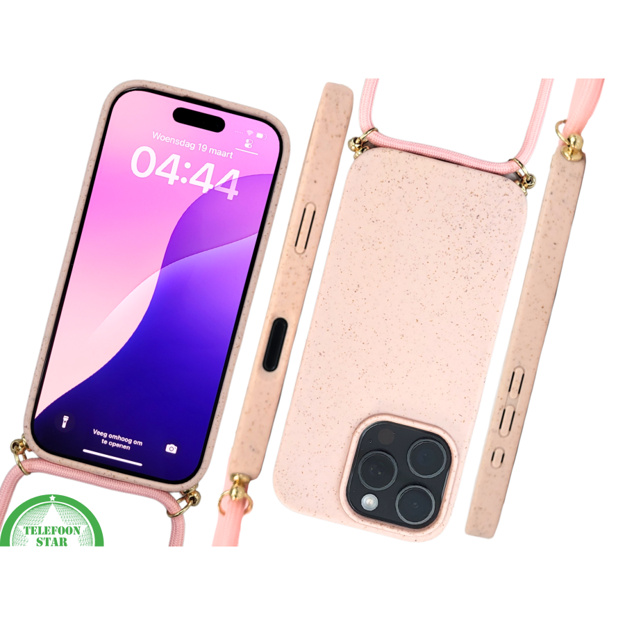 Lichtroze Koord Hoesje &ndash; Duurzaam Siliconen Touwkoord Case Met Draagkoord voor iPhone 16 Pro Max