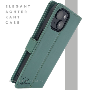 iPhone 15 Bookcase Hoesje Groen &ndash; Leren Case met Pasjeshouder