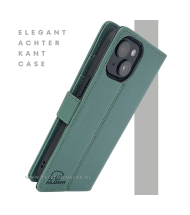 iPhone 15 Plus Bookcase Hoesje Groen &ndash; Leren Case met Pasjeshouder
