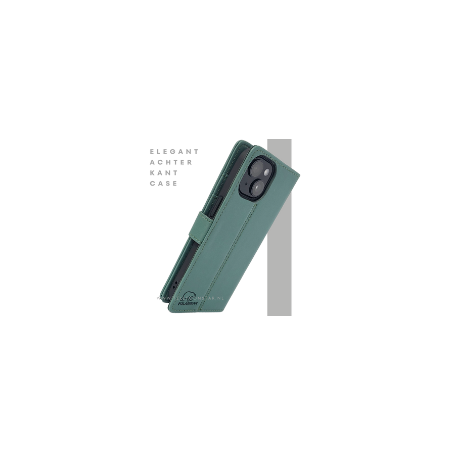 iPhone 15 Plus Bookcase Hoesje Groen &ndash; Leren Case met Pasjeshouder
