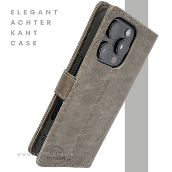 iPhone 16 Pro Bookcase Hoesje Taupe &ndash; Vintage Leren Look met Magnetische Sluiting