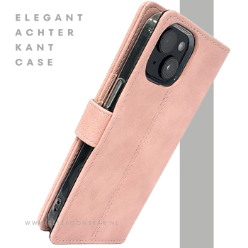 iPhone 15 Hoesje Roze &ndash; Bookcase met Pasjeshouder en Leren Look