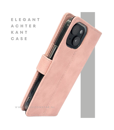 iPhone 15 Plus Hoesje Roze &ndash; Bookcase met Pasjeshouder en Leren Look