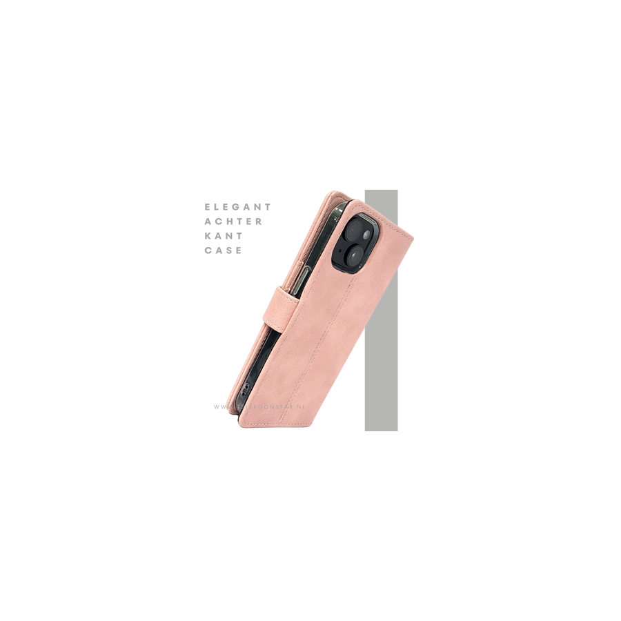 iPhone 15 Plus Hoesje Roze &ndash; Bookcase met Pasjeshouder en Leren Look