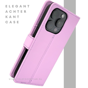 iPhone 16 Pro Bookcase Hoesje Lichtroze &ndash; Elegante Leren Look met Magnetische Sluiting