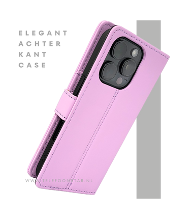 iPhone 16 Pro max Bookcase Hoesje Lichtroze &ndash; Elegante Leren Look met Magnetische Sluiting
