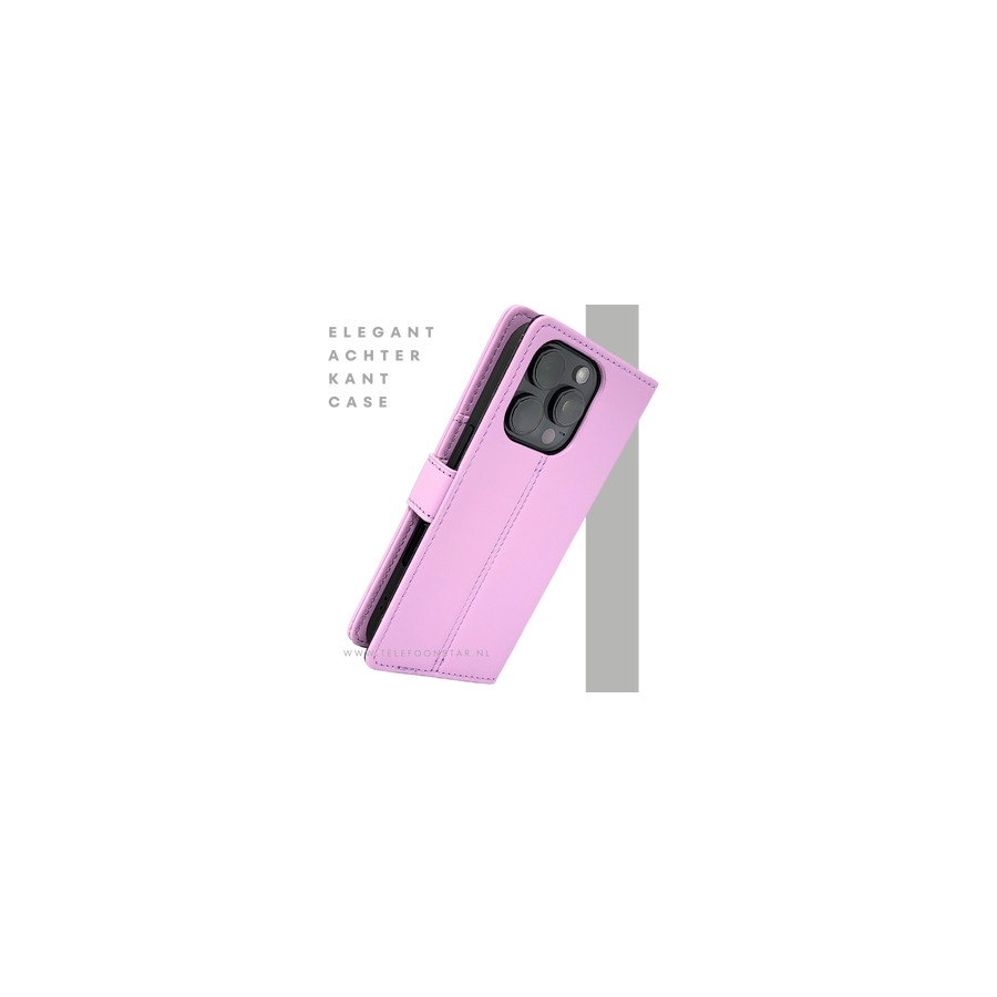 iPhone 16 Pro Bookcase Hoesje Lichtroze &ndash; Elegante Leren Look met Magnetische Sluiting