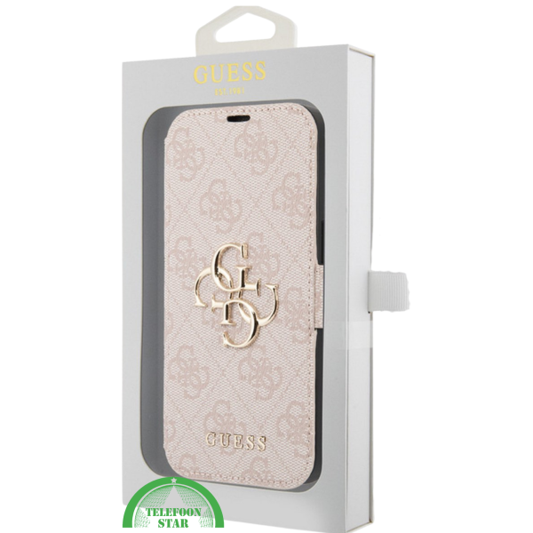 Hoesje voor iPhone 15 Pro Bookcase &ndash; Lichtroze Bescherming met Gouden Detail en Pasjesvak – foto 4
