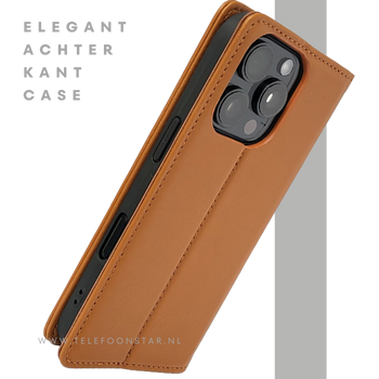 iPhone 16 Pro Bookcase Hoesje Cognac &ndash; Leren Look met Magnetische Sluiting