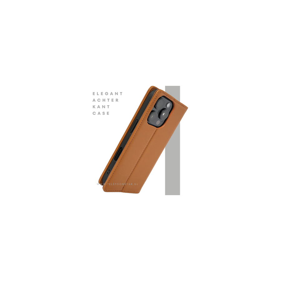 iPhone 16 Pro Bookcase Hoesje Cognac &ndash; Leren Look met Magnetische Sluiting