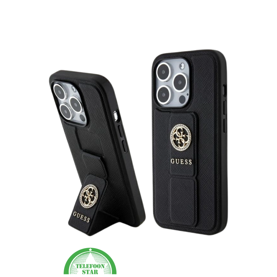 Hoesje voor iPhone 15 Pro met Standaard &ndash; Zwart Design met Gouden Logo