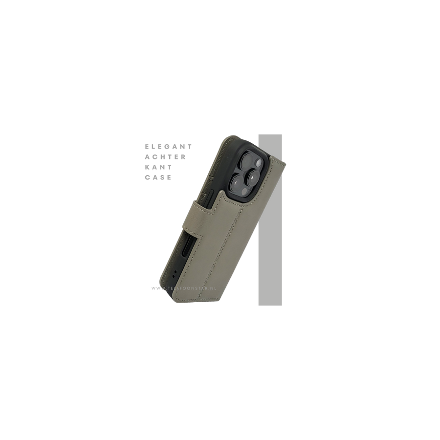 iPhone 16 Pro Max Insteekhoesje Olijfgroen &ndash; Leren Look met Open Bovenkant