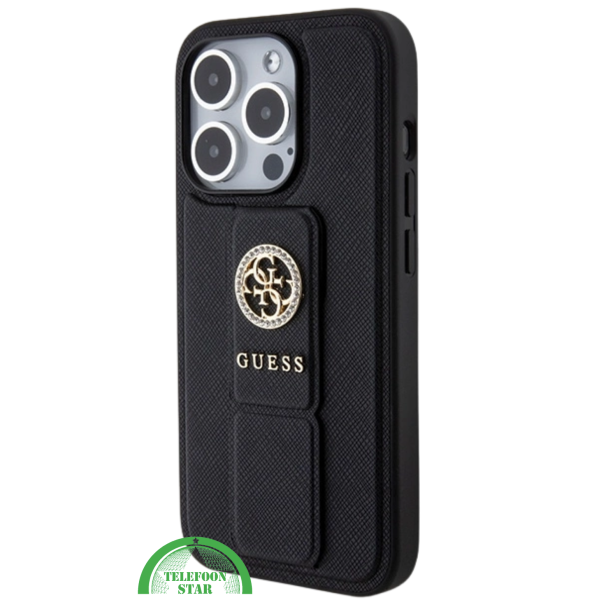 Hoesje voor iPhone 15 Pro met Standaard &ndash; Zwart Design met Gouden Logo – foto 2