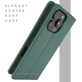 iPhone 16 Pro Bookcase Hoesje Donkergroen &ndash; Luxe Leren Look met Magnetische Sluiting