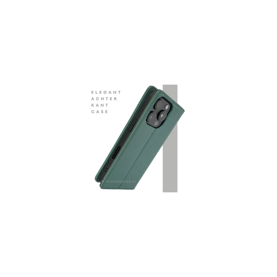 iPhone 16 Pro Bookcase Hoesje Donkergroen &ndash; Luxe Leren Look met Magnetische Sluiting