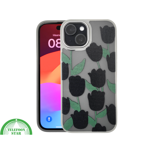 iPhone 15 Plus Hoesje &ndash; Zwarte Tulpen Design met Beige Rand | Stijlvol &amp; Betaalbaar – foto 3