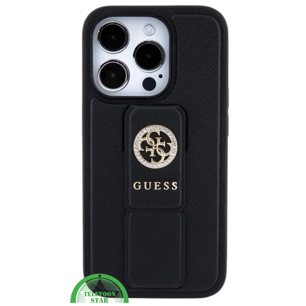 Hoesje voor iPhone 15 Pro met Standaard &ndash; Zwart Design met Gouden Logo – foto 3