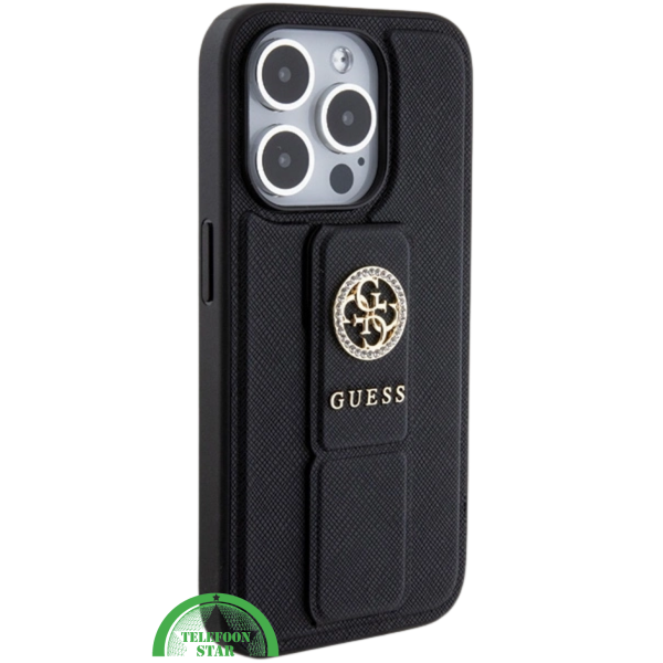 Hoesje voor iPhone 15 Pro met Standaard &ndash; Zwart Design met Gouden Logo – foto 4