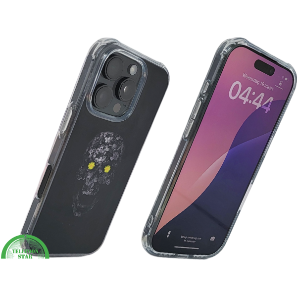 iPhone 16 Pro Zwart Hoesje Met Bloemen Skull Design En Gele Accentdetails – foto 2