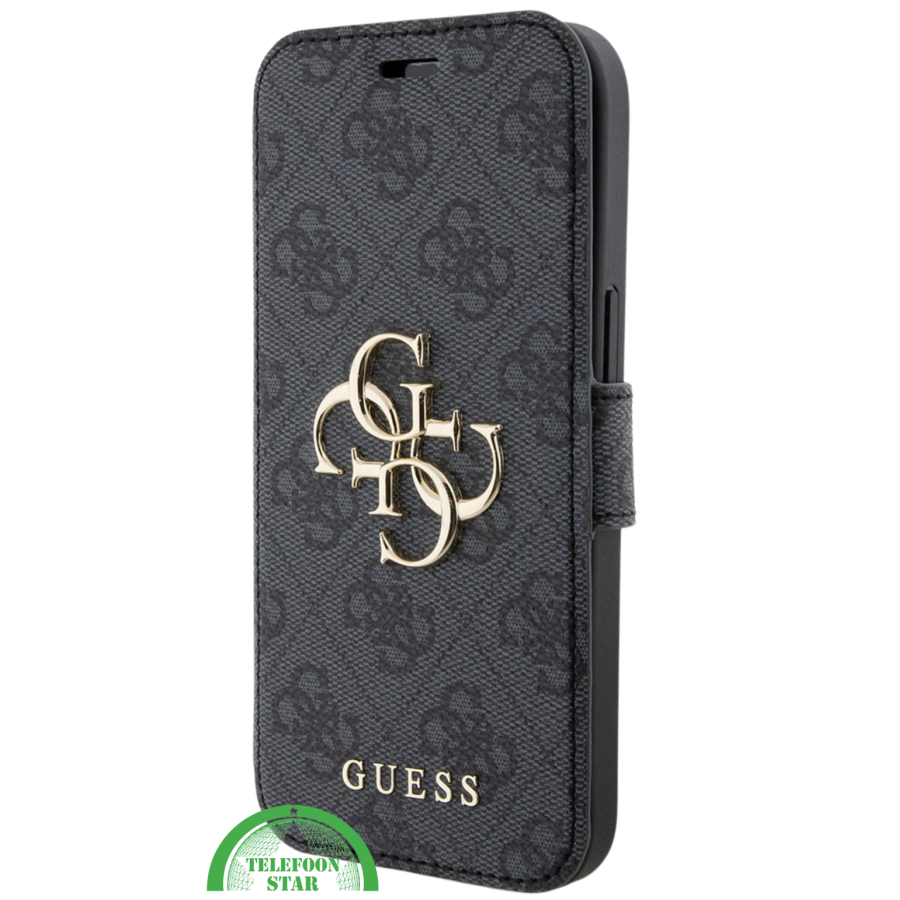 Hoesje voor iPhone 15 Pro Bookcase &ndash; Zwart Bescherming met Gouden Detail en Pasjesvak