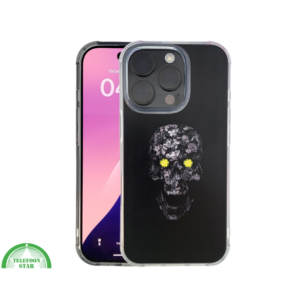 iPhone 16 Pro Zwart Hoesje Met Bloemen Skull Design En Gele Accentdetails – foto 3