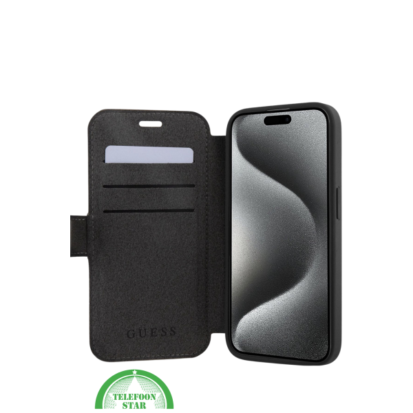 Hoesje voor iPhone 15 Pro Bookcase &ndash; Zwart Bescherming met Gouden Detail en Pasjesvak – foto 2