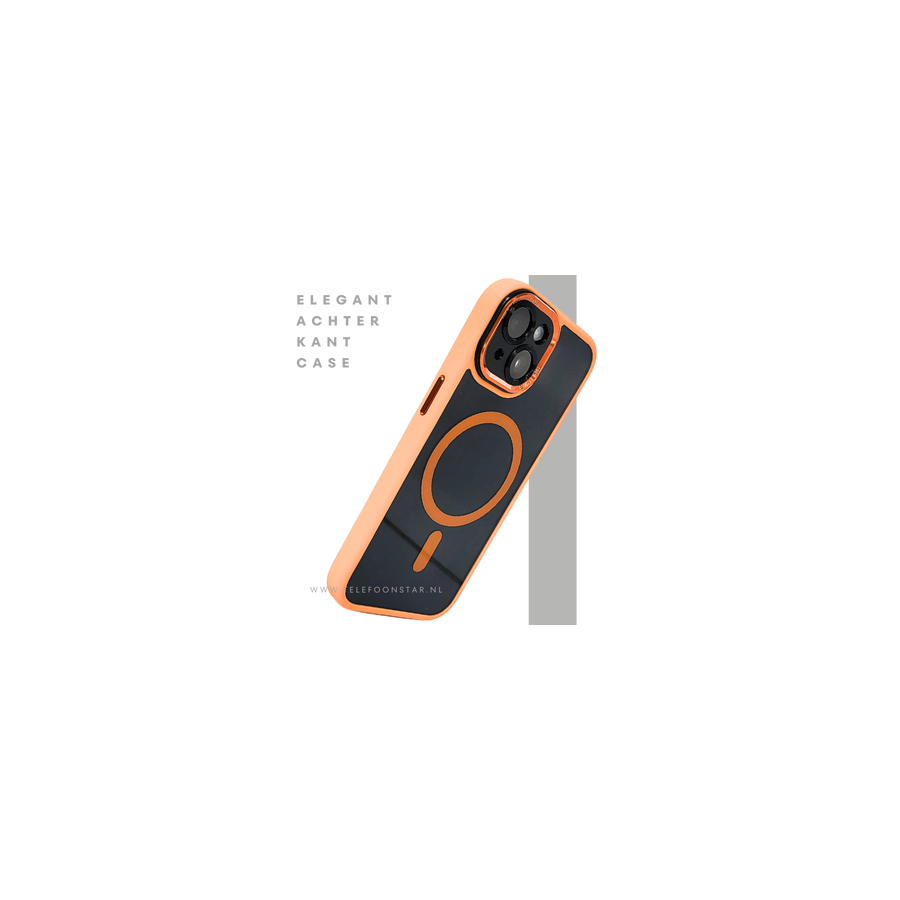 iPhone 15 Plus MagSafe Hoesje Oranje-Zwart &ndash; Sportieve Look met Magnetische MagSafe Ring
