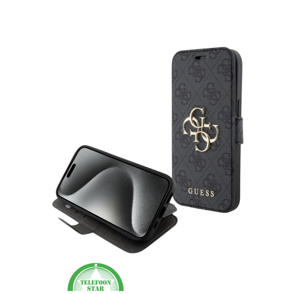 Hoesje voor iPhone 15 Pro Bookcase &ndash; Zwart Bescherming met Gouden Detail en Pasjesvak – foto 3
