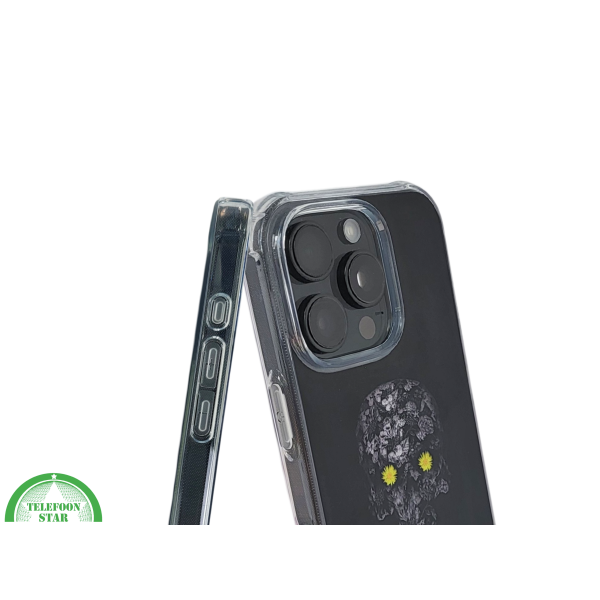 iPhone 16 Pro Zwart Hoesje Met Bloemen Skull Design En Gele Accentdetails – foto 6