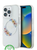 transparante iPhone 16 Pro hoesje met kleurrijk bloemenontwerp